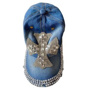 Womens Blue Retro Goth Embellished Rhinestone 100% Cotton Baseball Cap Hat